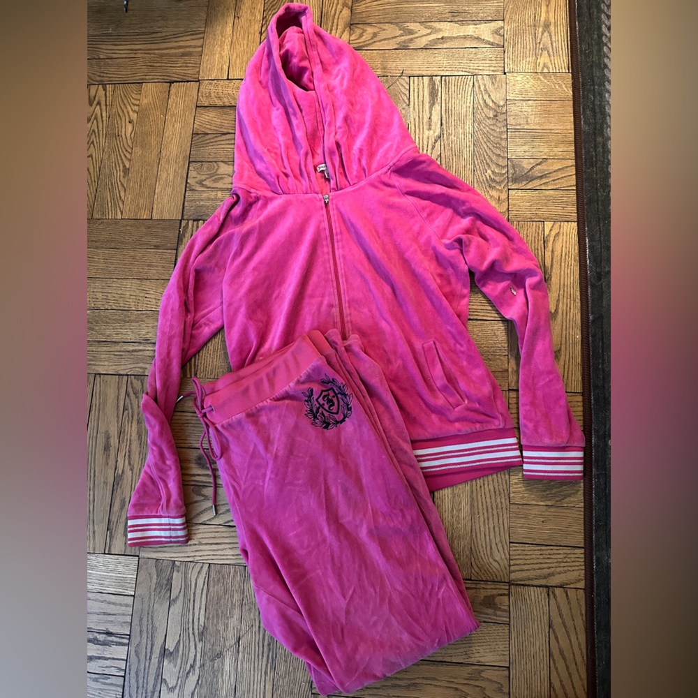 Vintage Y2K Juicy Couture Women L/XL Pink Velour TrackSuit Set Jacket Pants